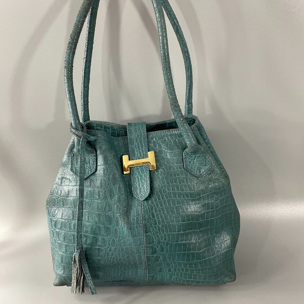 Vera Pellle Made In Italy Turquoise Leather Shoulder Bag